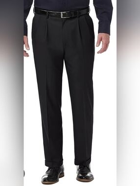 MENS HAGGAR PREMIUM COMFORT STRETCH STRIA DRESS PANTS 36x29 Black Classic Pleat